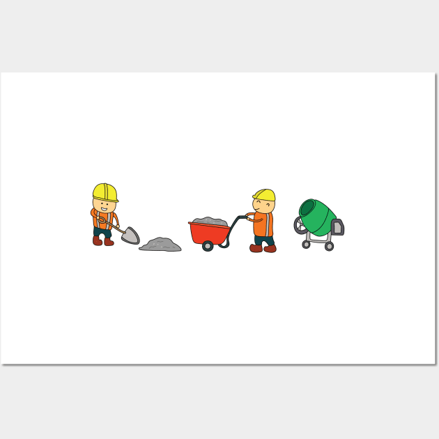 Kids drawing of construction workers preparing concrete with cement mixer Wall Art by wordspotrayal